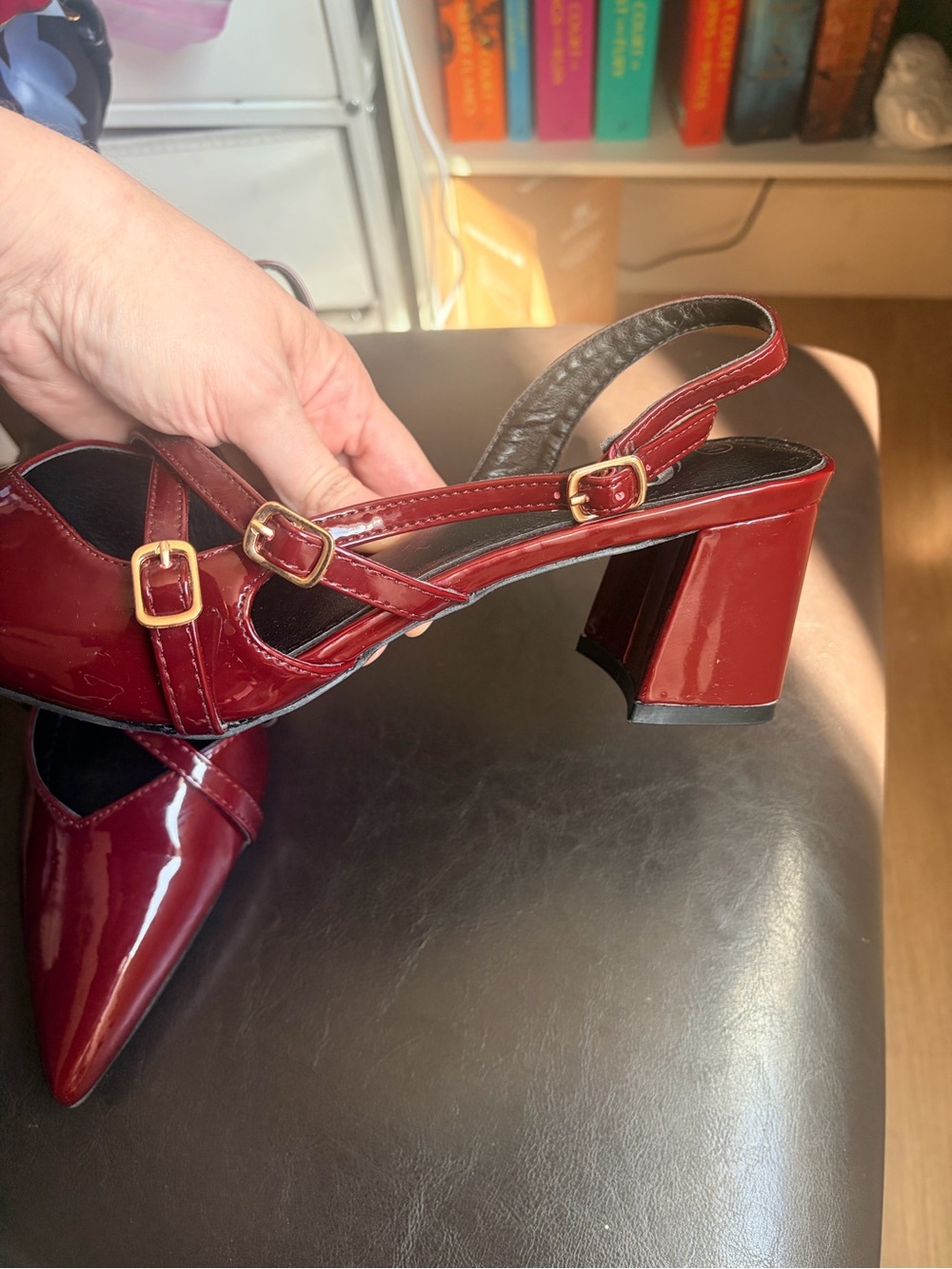 SHEIN Burgundy Patent Slingback Block Heel Pumps with Gold Buckles